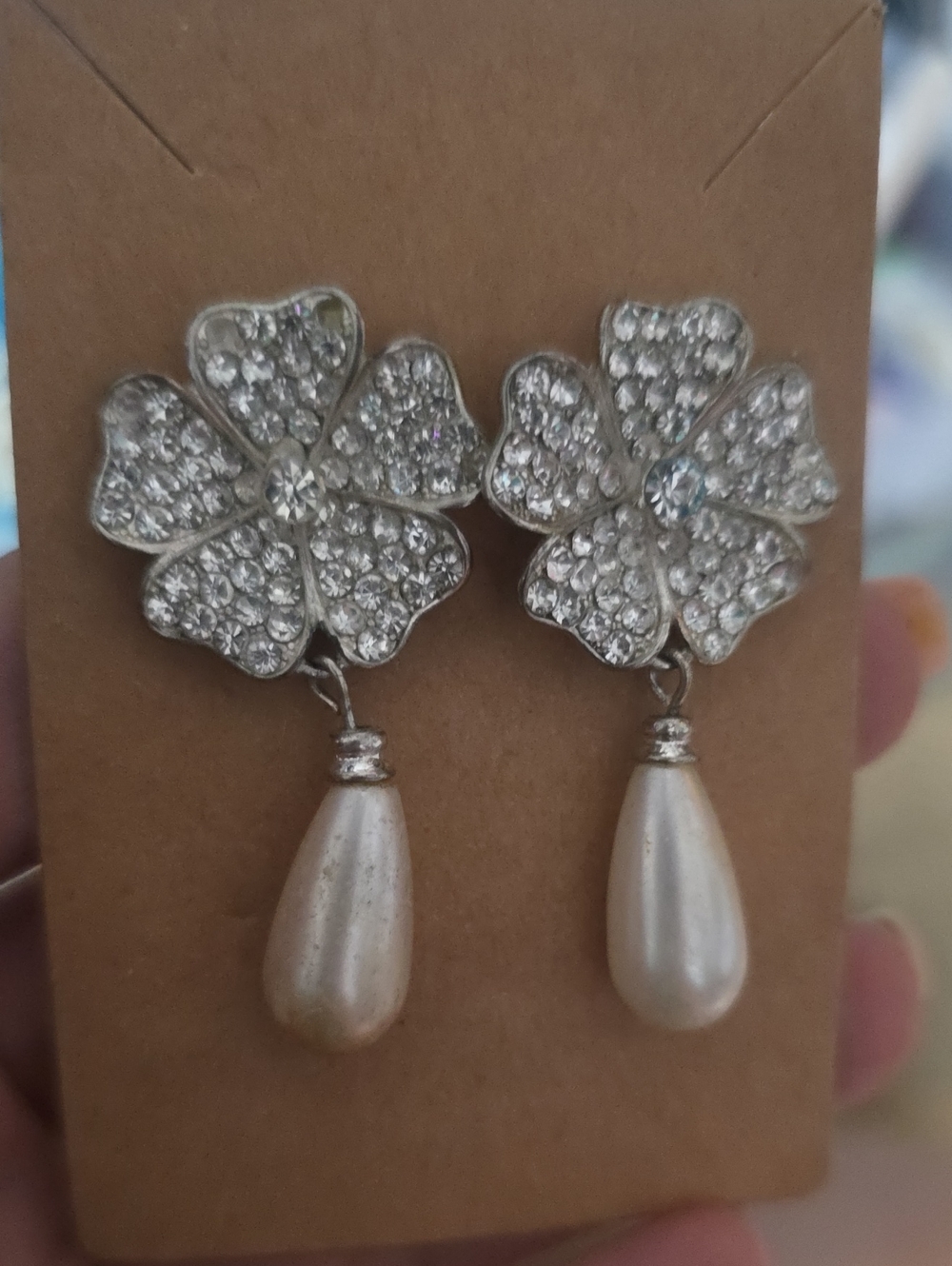 Silver Crystal Flower Earrings with White Pearl Drops